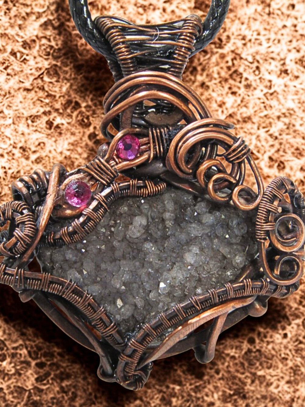 Handmade Wire Wrapped Obsidian Druzy Pendant, Raw Copper Wire, Oxidized/ waxed - Picture 6 of 6
